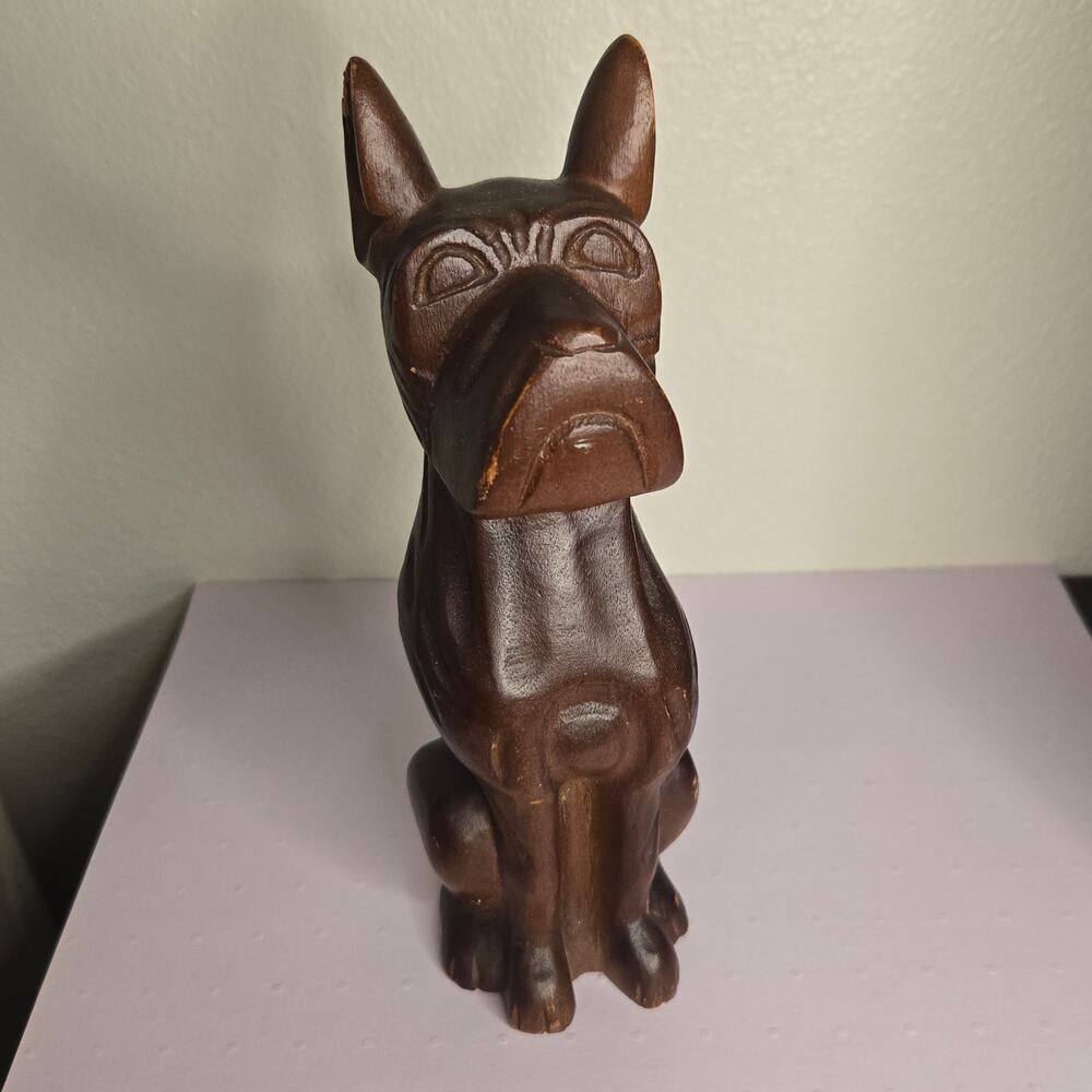 Vintage Hand Carved Wood Boxer Dog Figurine Mid-Century Folk Art Sculpture